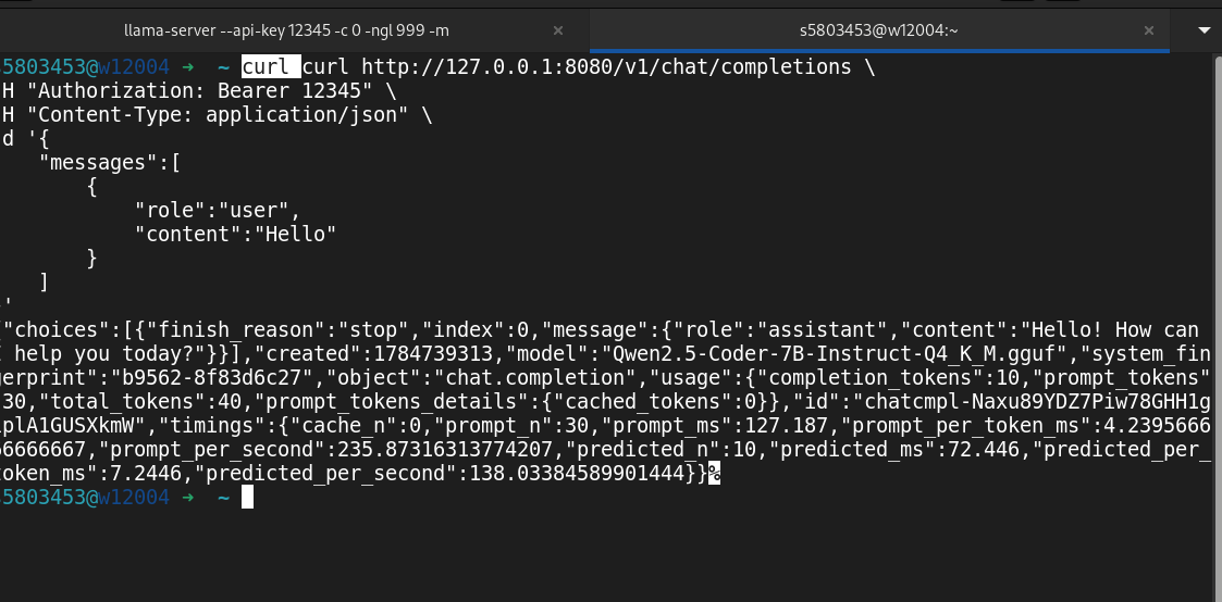 使用 curl 调用本地模型后返回的 JSON 响应