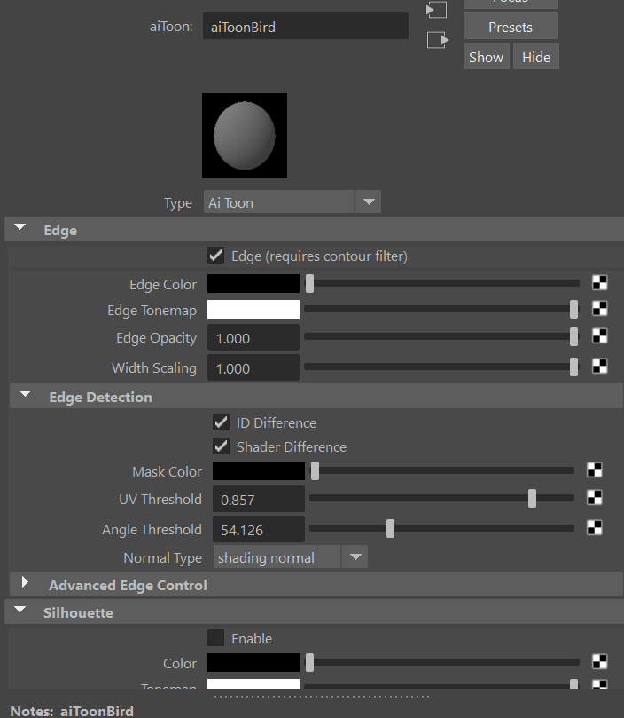 Arnold AiToon Shader 参数界面。